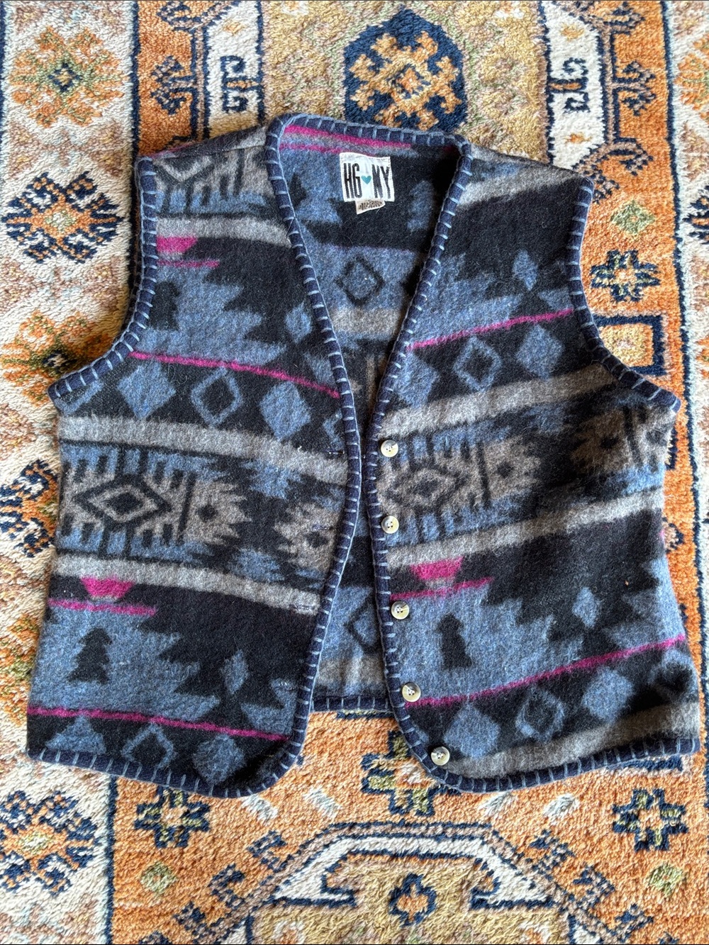 HGNY vintage Aztec Navajo southwest blue gray pink Wool Blend Vest waistcoat M